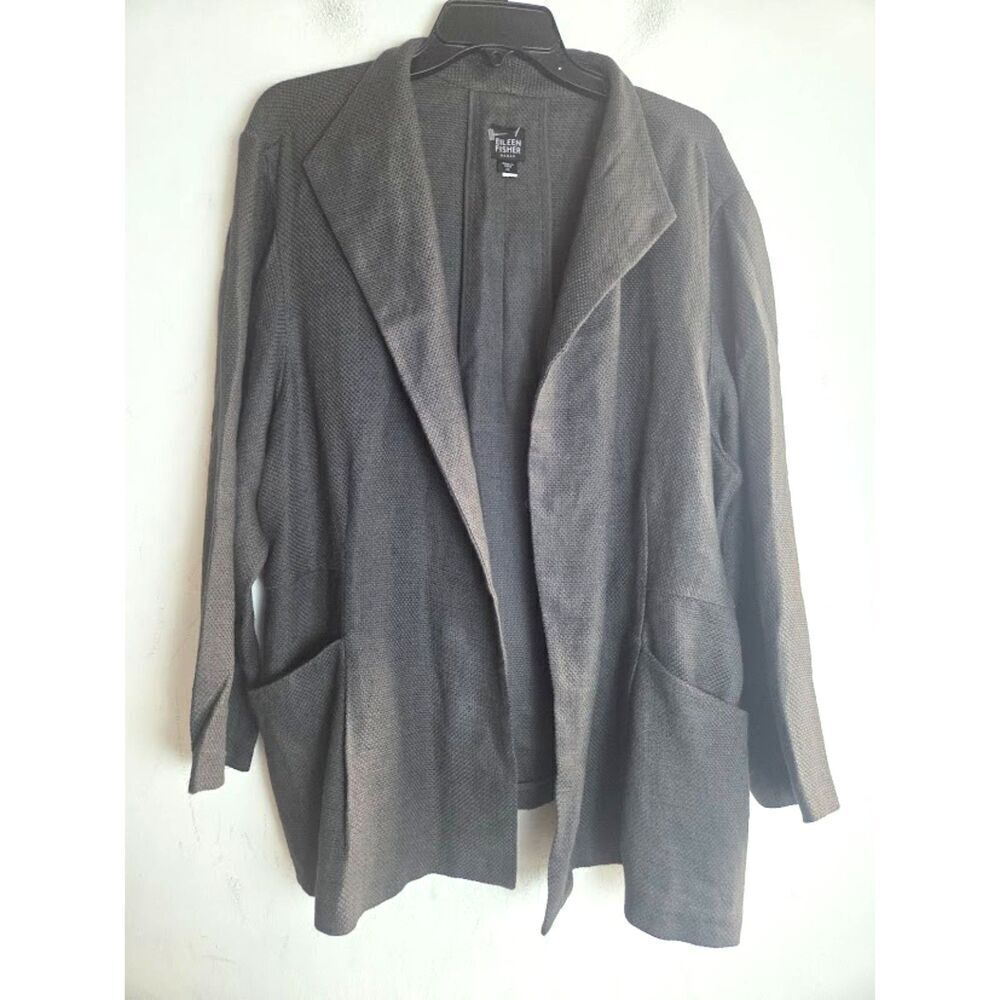 Eileen Fisher Women Dark Grey Linen/Cotton Open Knit Boxy Blazer size 1X